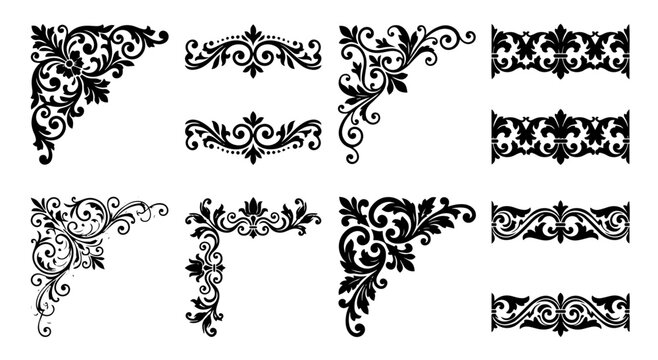 Vintage ornate floral corners and decorative border elements vector set.