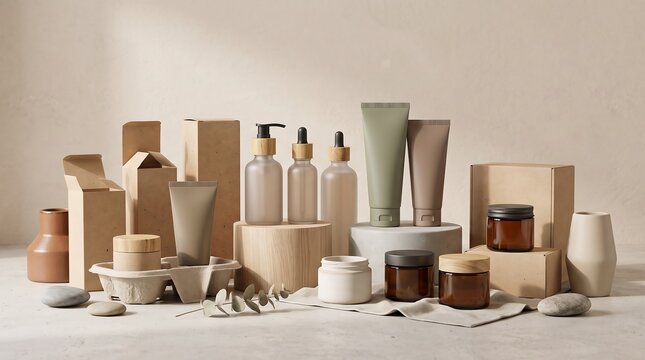Collection of various skincare and cosmetic product containers made of glass, plastic, and cardboard, arranged on a neutral beige background