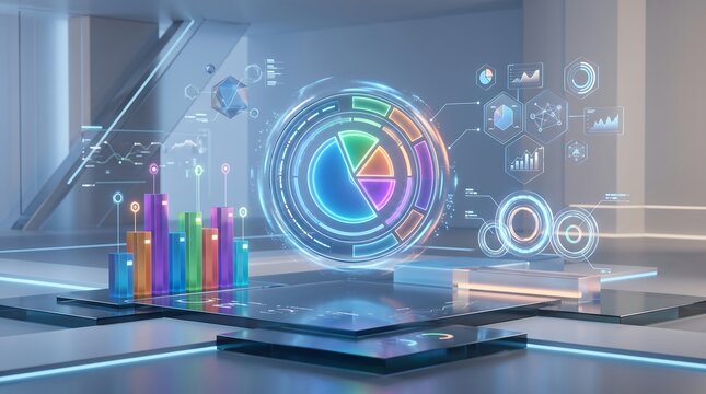 A futuristic digital data visualization display with a glowing circular chart, bar graphs, and holographic floating in a high-tech room