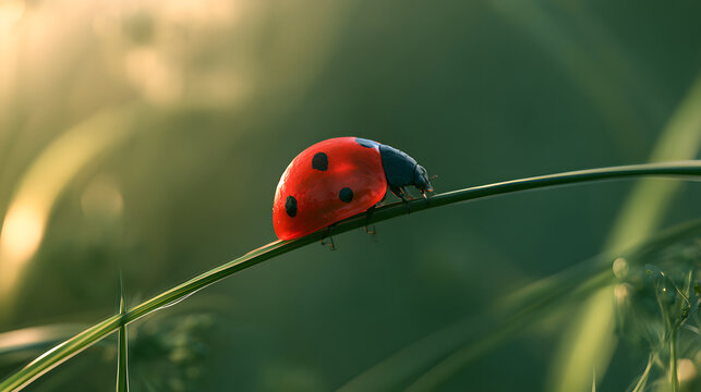 A red ladybug with black spots Coccinella septempunctata perches delicately on a vibrant green grass blade in a lush meadow, illuminated by soft golden hour sunlight creating a peaceful natural scene