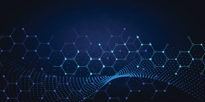 Dynamic grid of hexagonal nodes and wave of digital particles represents flowing information in deep blue cyberspace world.