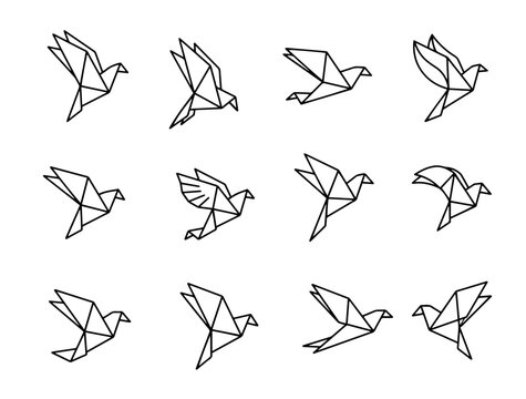 Origami bird line icon set, geometric flying doves vector illustration.