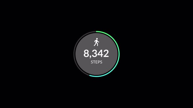 Foot step counter 15000 steps animation for health and fitness, steps counter walking animation on black background with alpha channel.
