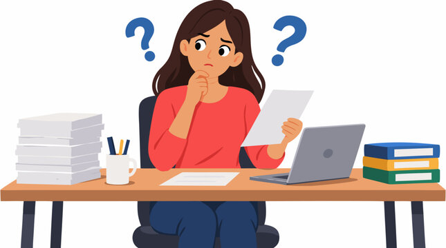Confused young businesswoman sitting at cluttered office desk holding document with question marks overhead, puzzled expression while working on laptop surrounded by paperwork stacks and folders