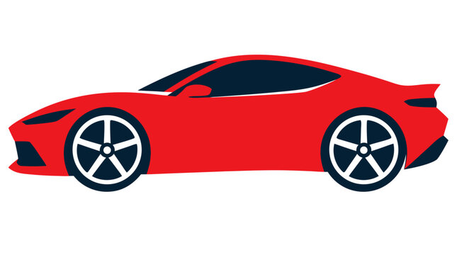 Sleek Abstract Sports Car Silhouette Vector Illustration, Bold Flat Red Color Design with Smooth Geometric Shapes on Clean Solid White Background, Modern Automotive Graphic Art