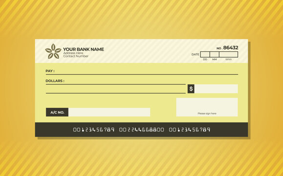 Blank bank check. Checkbook cheque template. Checkbook cheque template with yellow color theme. Money payment voucher or pay cash cheque certificate.