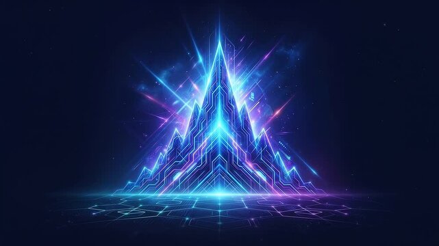 Neon glowing triangular mountains with futuristic grid lines against a dark blue space background