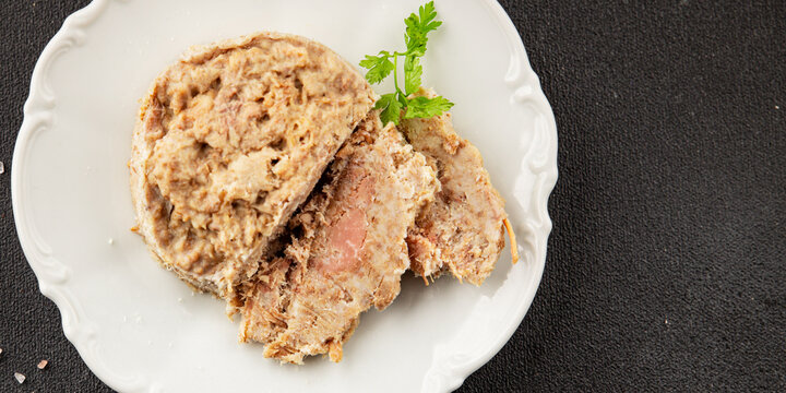 pate meat rillettes beef or pork meat&nbsp;dish serving size natural ingredients healthy eating tasty snack fresh gourmet rustic food background on the table top view copy space