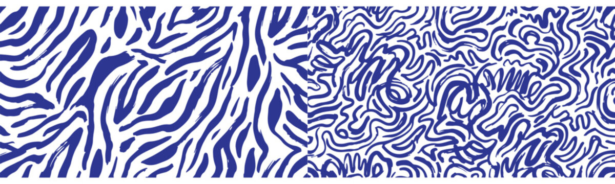 Blue abstract zebra stripes and squiggly wavy doodle line seamless vector pattern set for fabric and surface design