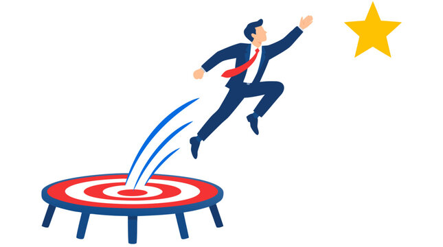 Ambitious businessman in dark blue suit rebounds off red concentric target trampoline leaping toward bright yellow star above in dynamic colorful vector illustration on white backdrop