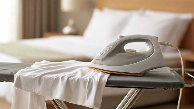 Electric iron and T-shirt arranged on an ironing board in a room, representing garment care, laundry, household chores, and everyday clothing maintenance.
