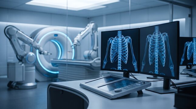 Medical diagnostic room with robotic arms and large computer monitors displaying blue human skeletal x-ray and ct scanner in background