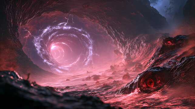 Tiamat chaos matrix, serpent-scale dark matter grid, blood-red compound eyes at nodes, pupils reflecting nebula, tar stardust ooze, violet lightning bursting, primal ocean vortex, energy core, chaotic