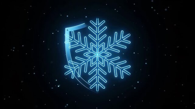 Motion Graphic of a Neon Snowflake Transforming into a Digital Cyber Security Shield on a Dark Background.