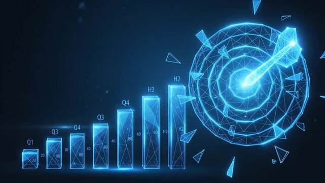 Abstract glowing blue data visualization with radar charts and bar graphs on a dark background