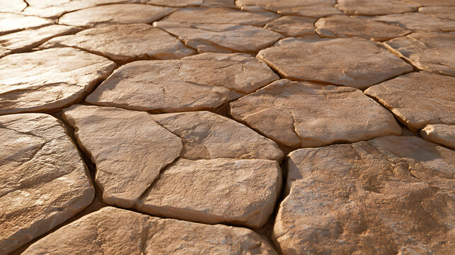 Close-up of cracked floor tiles with textured surface, warm sunlight illuminating rustic stone pathway, earthy tones and rough details for design background, architectural element photography composit