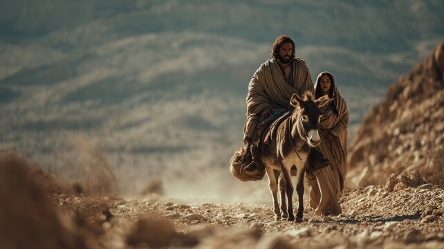 Biblical journey and pilgrimage man and woman traveling on a donkey through a desert landscape in ancient times Historical migration and exodus