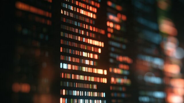 Glowing colored bars represent ribosomal RNA gene sequences identifying various bacterial species from a gut sample in bioinformatics context.