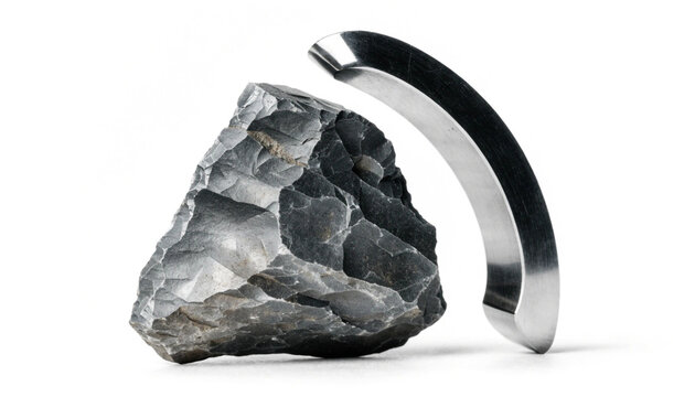 A sharp piece of black flint rock resting next to a curved steel striker tool with surface beside polished textured flint stone sits white surface dark textured