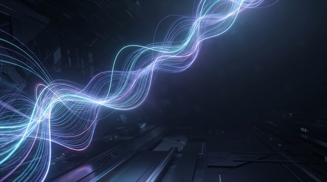 Futuristic data flow visualization in high-tech server room with glowing light trails