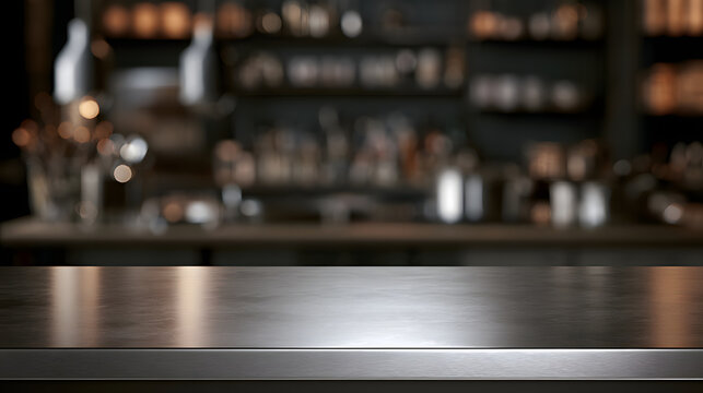 Empty stainless steel prep bench featuring a cool metal finish in a commercial restaurant kitchen setting with a blurred background ideal for food display and culinary product mockups presentation nee