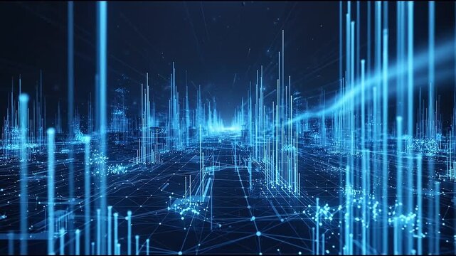 Abstract digital landscape of glowing blue lines and data streams forming a futuristic city skyline
