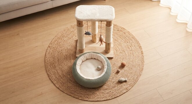 Cozy empty cat bed with toys and scratching post tree on round jute rug indoors.