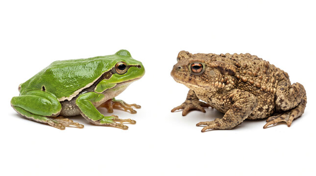 A green tree frog and a brown warty toad sitting together on a white background with toad positioned side against clean white environment comparison vertebrate