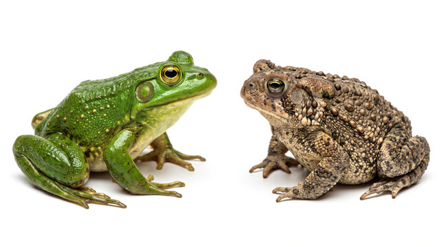 A green bullfrog and a brown toad sitting side by side on a white background with green frog brown warty toad positioned next each other against clean white studio background