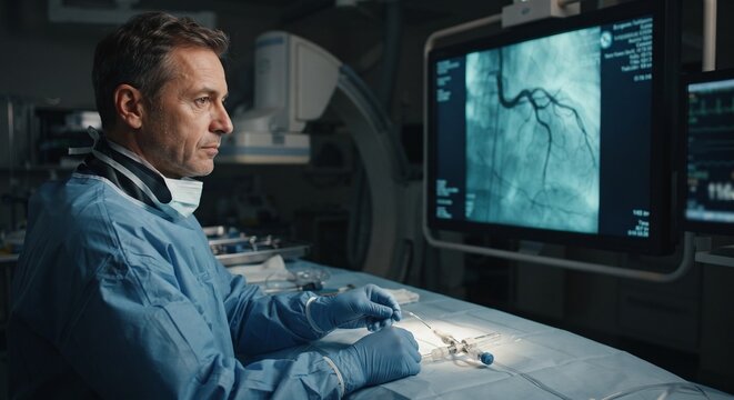 Focused male doctor cardiologist examining coronary angiogram on monitor.