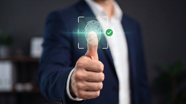Biometric verification with fingerprint overlay and green checkmark for secure access.
