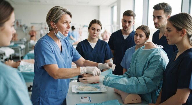 Medical instructor demonstrating surgical glove placement to students in a healthcare training classroom.