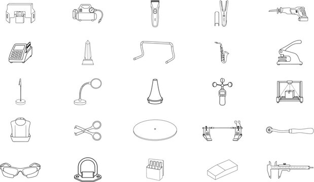 Set of 25 black outline vector icons with workshop tool assortment gathering compressor, reciprocating saw, saxophone, caliper, embosser, anemometer, magnifier lamp, cargo ring, goggles and scissors
