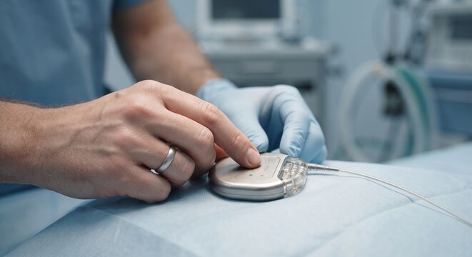 Surgeon hands operating pacemaker device in hospital operating room.