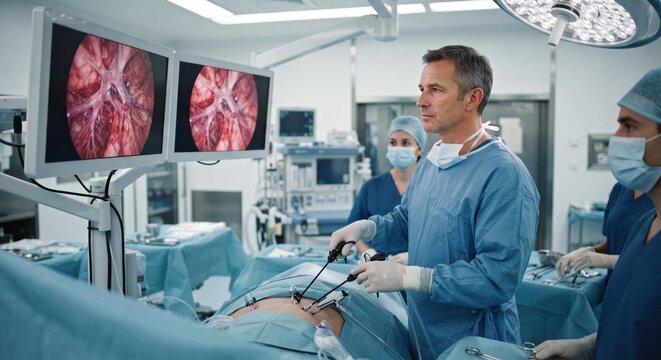 Surgeons performing laparoscopic surgery in modern operating room looking at medical monitors.