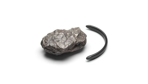 A rough piece of flint stone beside a curved black steel striker on white background with striker positioned together textured grey flint plain white surface with rock curved