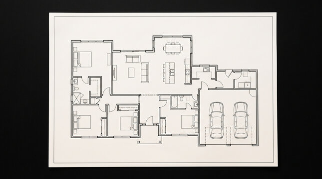 Architectural floor plan of a modern residential house with a double garage on black background with detailed technical floor residential home layout layout dark surface