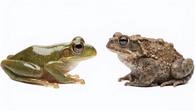 A smooth green tree frog and a textured brown toad facing each other with plain white background close up herpetology observation environment comparison vertebrate
