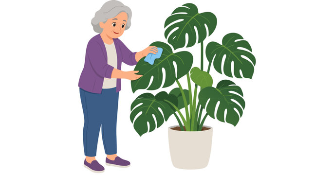 Elderly gray-haired woman wiping dust off large green monstera leaves with blue cloth, caring for potted indoor houseplant at home, senior gardening hobby and housekeeping maintenance concept