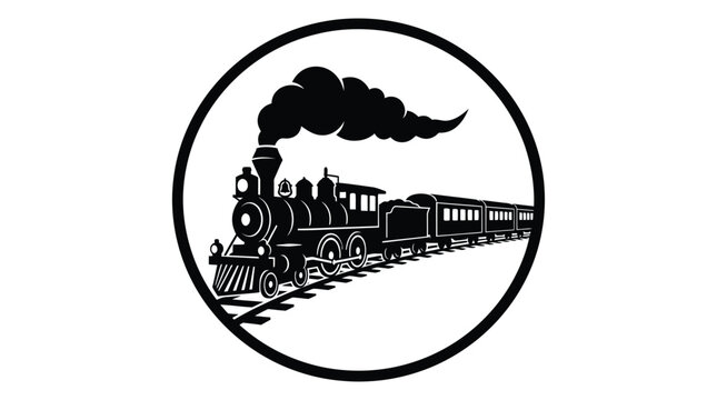 Black silhouette of a steam train within a circular frame on white