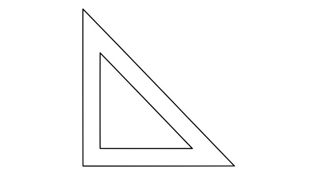 Black outline illustration of a right triangular set square with hollow inner triangle and sharp corners drawn with bold lines in centered upright composition emphasizing geometric precision