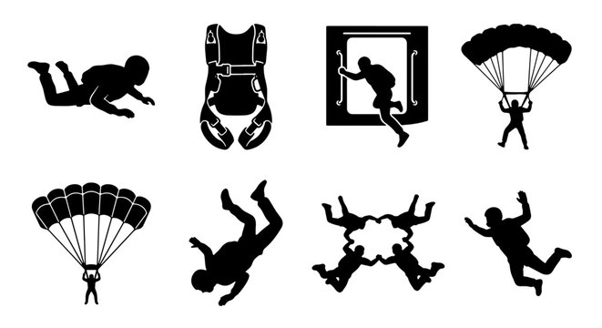 Skydiving Icons Set: Parachuting, Freefall, Tandem Jumps, Vector Graphics for Extreme Sports