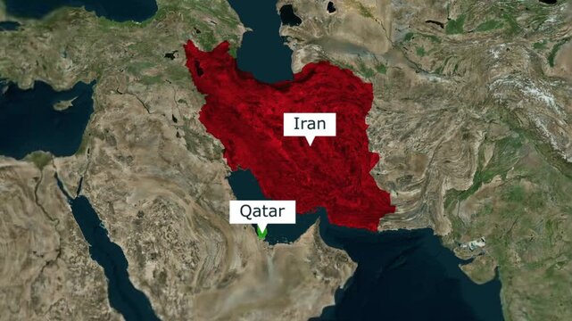 Geographical satellite map highlighting iran and qatar with borders and country name labels
