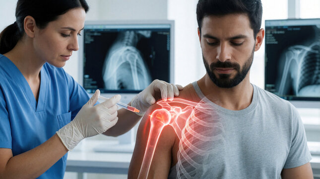 Doctor injects medicine into patients shoulder joint for pain relief. Medical professional gives shot to man suffering from arthritis or injury in clinic, X ray visible.