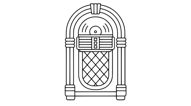Black outline vector icon of a classic arched jukebox with visible vinyl record, horizontal grilles, diamond lattice panel and neon-style side tubes drawn in medium lines conveying retro charm