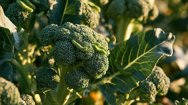 Fresh broccoli Brassica oleracea growing in field garden agricultural farm plantation with green cabbage worm pest larvae infestation daylight summer sunlight nature organic crop harvest production ou