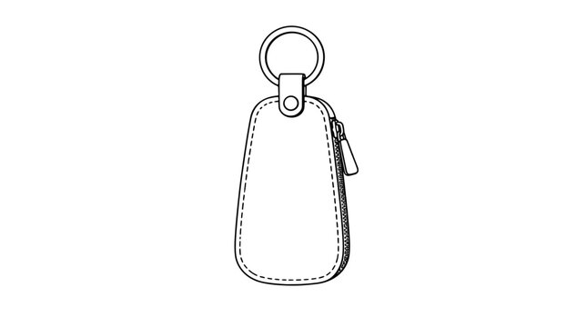 Black outline vector icon of a small zippered leather key pouch with stitched edges, top loop and metal ring plus side zipper pull, drawn with medium lines and tall centered vertically