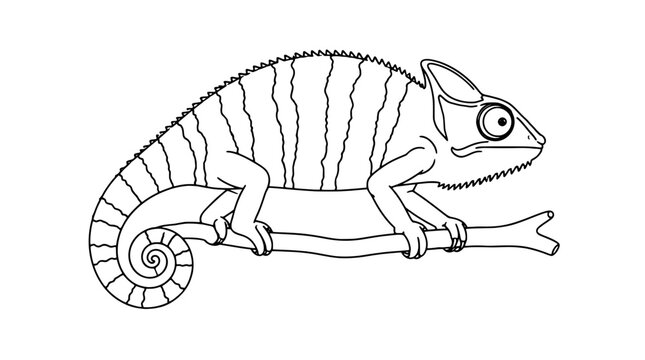 Detailed line art illustration of a panther chameleon perched on a branch with curled spiral tail and striped flanks and casque head drawn with thin lines in lateral profile revealing textured ridge
