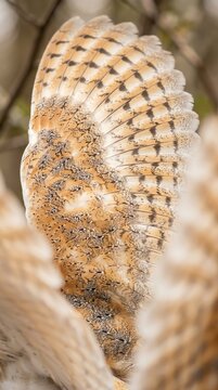 Close up vertical view of intricate barn owl feathers spread wide, natural soft daylight, detailed wildlife photography, serene and elegant texture composition