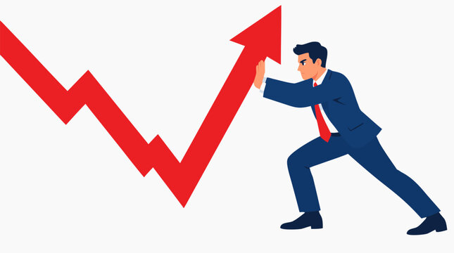Determined businessman in navy blue suit pushing huge declining red trend arrow back upward to reverse market downfall in powerful crisis recovery flat vector concept graphic illustration